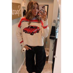 Free People Red and White Car Graphic Sweater